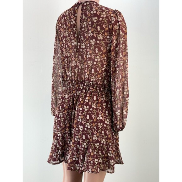 Womens Wine Chiffon Floral Mini Fit & Flare Dress Juniors L - Picture 2 of 15